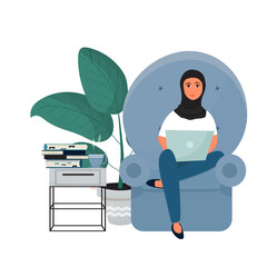 Attractive Arabian woman with hijab sitting and working with laptop. Freelance work, online education concept. Smiling female in interior isolated on white background.
