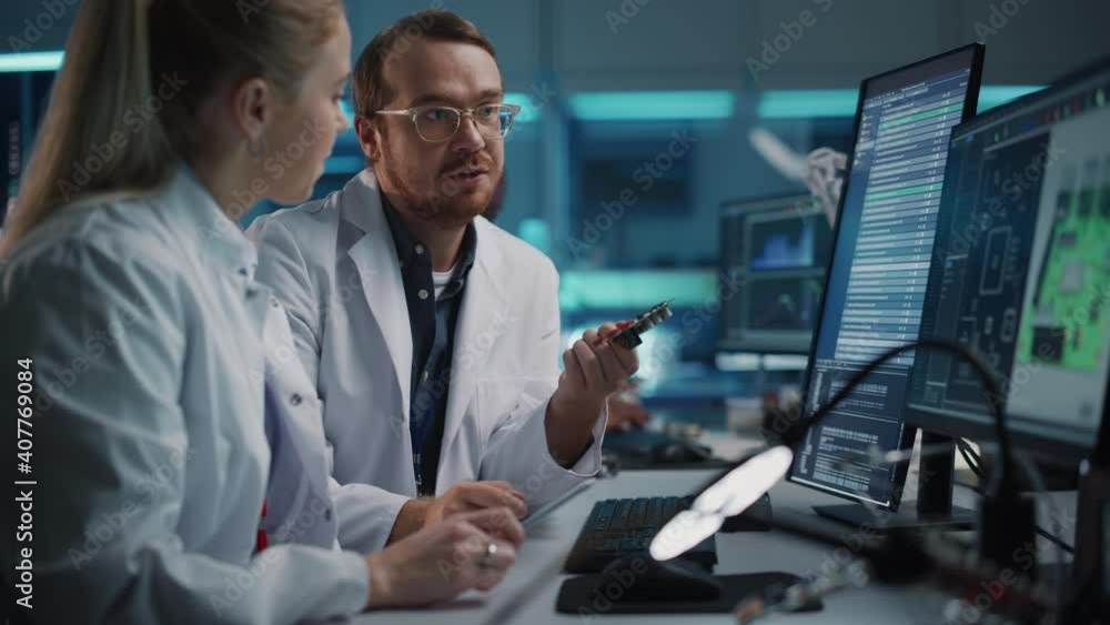 Poster modern electronics research, development facility: engineer and scientist talk, optimize design of i