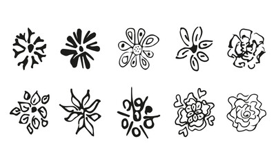 10 hand-drawn blossom wildflowers. Big collection of 10 hand-drawn roses. Big floral botanical set. Isolated on white background. Doodle simple vector collection.