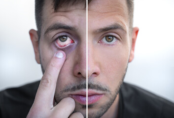 Man face divided into two parts one healthy and one unhealthy. Before and after addiction...
