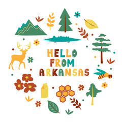 USA collection. Hello from Arkansas theme. State Symbols round shape card
