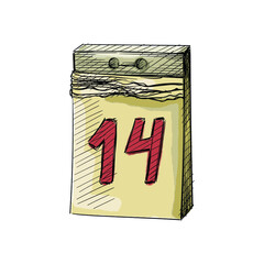 Watercolor colorful Hand drawn sketch of Paper Wall Hung Calendar on a white background. Valentine's Day. February 14. Love and romance.	
