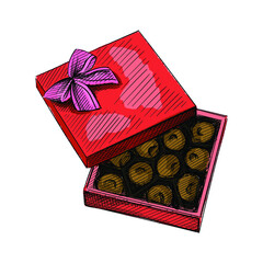 Watercolor colorful Hand drawn sketch of chocolate sweets box on a white background. Valentine's Day. February 14. Love and romance. Sweets box for Valentine's day	
