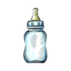 Watercolor colorful Hand drawn sketch of baby milk bottle with pacifier on a white background.  sketch of milk bottle for babies. Baby items.
- 407769464