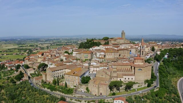Aerial Drone view La Valle Verde in the town of Castiglion Fiorentino in Province of Arezzo Tuscany, Italy