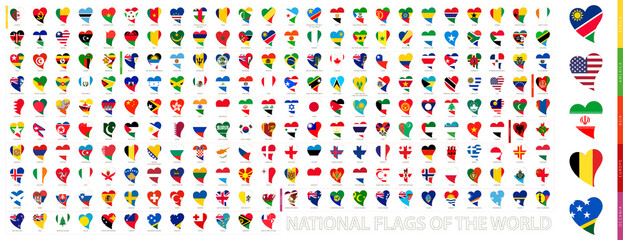 National Flags of the World in Shape of Heart. Heart icon set with the flags of the world, flags sorted alphabetical.