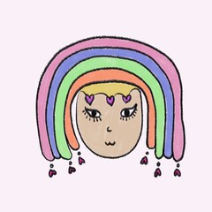 Cartoon flat art drawing abstract illustration. A person's face, a playful smile, a dazzling eye, a rainbow-haired, an ornamental heart. Surreal line portraiture concept.