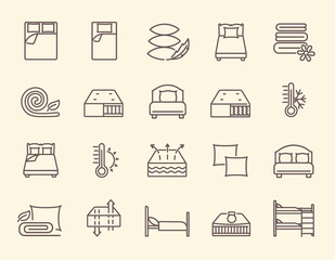 Set of linens black and white icons. Contains multilayer mattress, blanket, pillows, single and double bed, bunk bed, weather conditions and other symbols, signs and icons. Outline vector illustration