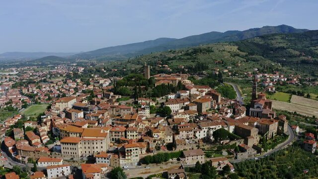 Aerial Drone view La Valle Verde in the town of Castiglion Fiorentino in Province of Arezzo Tuscany, Italy