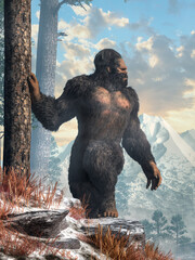 Fototapeta na wymiar The mysterious bigfoot, a creature of folklore and legend, and the most popular cryptid of North America, walks among the snow covered rocky mountains. 3D Rendering