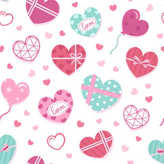 Seamless repeated surface vector pattern design with pink, red and teal heart shaped chocolate boxes and gifts on a white background