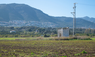 Vista de una tierra de cultivo con una caseta para aperos de labranza y de fondo unas montañas.