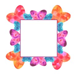 Square Frame made of watercolor hearts of different sizes in red pink blue and orange
