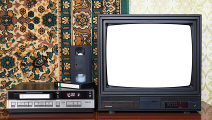 Old black vintage TV with white screen to add new images to the screen, VCR against the background...