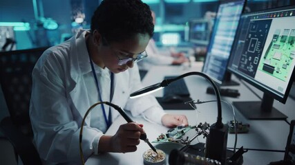 Modern Electronics Research, Development Facility: Black Female Engineer Does Computer Motherboard Soldering. Scientists Design Industrial PCB, Silicon Microchips, Semiconductors. High Angle Shot - Powered by Adobe
