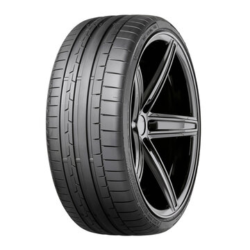 Low Section Height Car Tire Isolated On White. Car Rim. Black Rubber Semi-Trailer Truck Tire. Automobile Parts. All Season Passenger Tubeless Racing Sport Auto Wheel Tread Strip Pattern