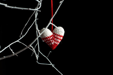 Fototapeta na wymiar Valentines day knitted hearts on white twigs over black