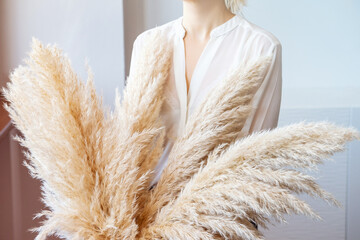 Woman in White Blouse Holding Pampas Grass. Lifestyle.Reed Plume Stem, Dried Pampas Grass,...