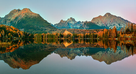 Scenic mountain lake Strbske pleso (Strbske lake) and High Tatras national park, Slovakia