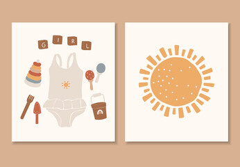 Baby boho clothes, abstract boho toys, cute minimal plaything for children, toy clipart, vector clothes set, wood elements for kids