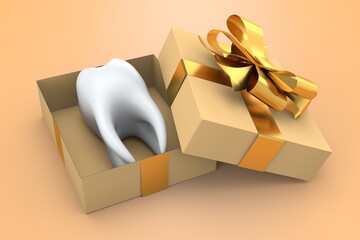 Tooth in a gift box with a gold bow