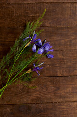 bouquet of wild purple iris flowers on wooden table