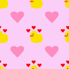 Yellow rubber duck Valentines Day with pink hearts seamless repeating background pattern