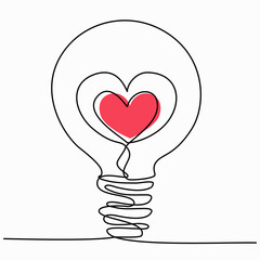 Drawing a continuous line. The shape of the heart is in the light bulb. One line romantic concept. Trendy minimalistic style of Love. Black on a white background. Hand drawn vector illustration.