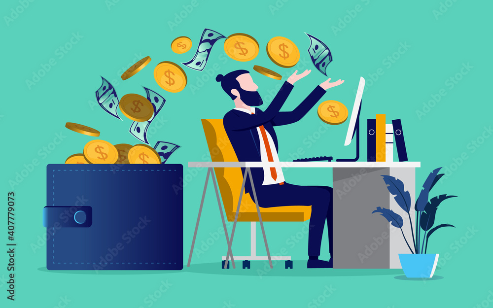 Poster Earning money online - Bearded man working on desk with computer and money flowing from screen to wallet. Vector illustration.