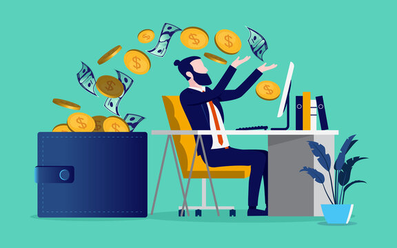 Earning money online - Bearded man working on desk with computer and money flowing from screen to wallet. Vector illustration.