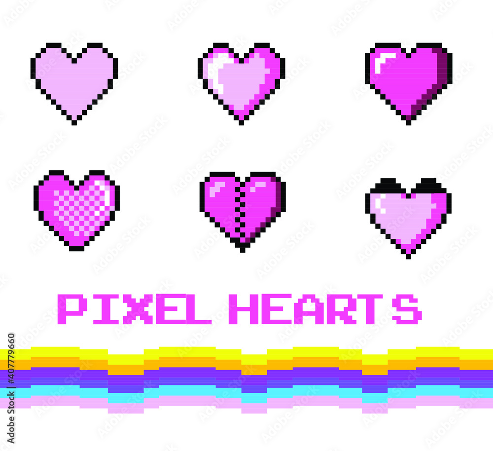 Poster set of pixel art heart icons. vector 8-bit retro style illustration.