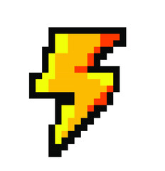 Lightning bolt icon in pixel art style like in old video games of 80's-90's. Symbol of thunderbolt, High Voltage icon.