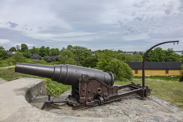 Historic Naval guns of Suomenlinna. Suomenlinna (Sveaborg) - sea fortress, which built gradually from 1748 onwards on a group of islands belonging to Helsinki district. Helsinki, Finland.