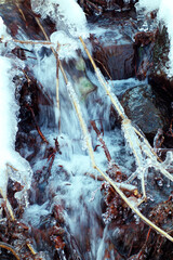 Beautiful icicles on a frozen mountain stream