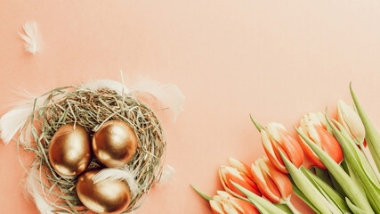 Egg color. Happy Easter decoration: golden colour eggs in basket with spring tulips, white feathers on pastel pink background. Foil minimalist egg design, modern top view template.