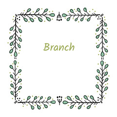 Square frame for text decoration in doodle style. Natural style, branches, plants, flowers. Black outline with colored accents on a white background.