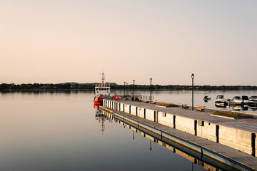 Obraz premium Berth filled with various boats on the lake, flat water, summer, Chambly, Quebec, Canada