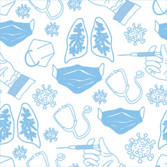 Hand drawn vector seamless pattern. Covid-19 vaccination elements, lungs, facemask, respirator, injection. Minimalist blue and white pattern.