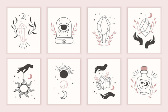 Magic witch symbols. Set of mystical templates for tarot cards, banners, brochures, stickers. Hand-drawn. Cards with esoteric drawings. Silhouette of hands, planets, stars, moon phases and crystals. 