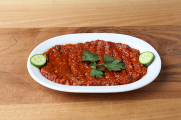 Traditional Turkish appetizer mashed chili pepper