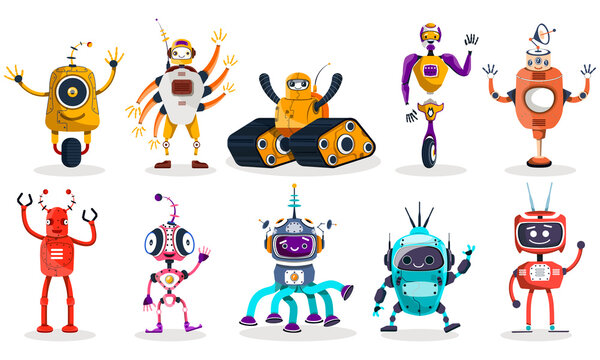 Set of happy funny cartoon waving childish robots. Cute kid cyborgs, retro futuristic modern bots, android smiling characters. Flat cartoon vector illustration isolated on white background.