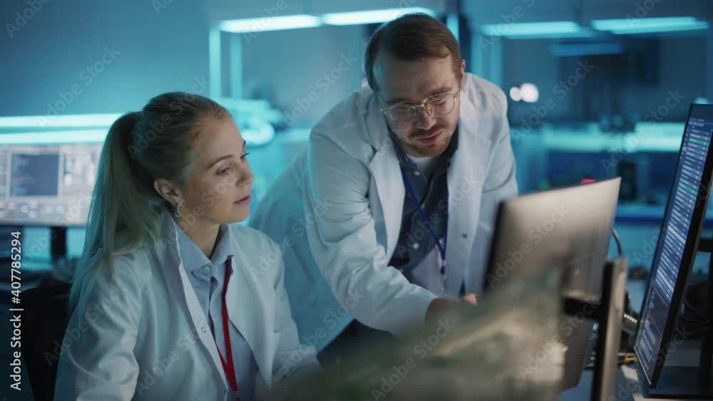 Poster electronics research, development facility: engineer project manager consults scientist working on c