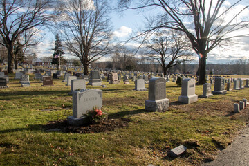 Landscape of Linwood Cemetery Haverhill MA. Graveyard founded in 1830. Historic site with many old and interesting graves and tombs.