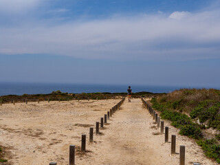 Person wlking alone in a sand path to the beach cliff in costa vicentina, alentejo, portugal