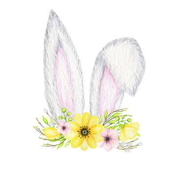 Watercolor Easter Bunny ears with floral crown isolated yellow pink illustration on white background. Hand painted cartoon Spring Holidays Rabbit ears