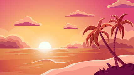 Sea sunset. Tropical landscape with ocean. Vector illustration
