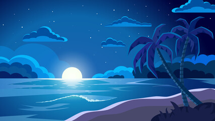 Fototapeta na wymiar Full moon night ocean. Tropical landscape with ocean. Vector illustration
