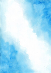 Abstract light blue watercolor background on paper. The frame is diagonal.