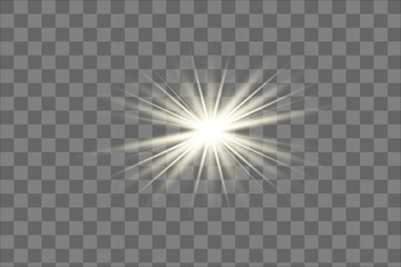 Yellow glowing light explodes on a transparent background. Sparkling magical dust particles. Bright Star. Transparent shining sun, bright flash. Vector sparkles. To center a bright flash