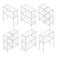 Empty metal Isometric 3D Shelvings. Warehouse storage concept. The set of objects isolated against the white background and shown from different sides. Design elements.